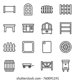 Thin line icon set : fence, arch window, pallet, table, wardrobe, dresser, rack, cutting board, wheel, barrel, trailer, farm, hive