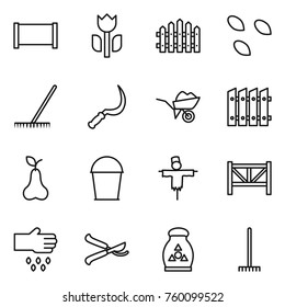 Thin line icon set : fence, perishable, seeds, rake, sickle, wheelbarrow, pear, bucket, scarecrow, farm, sow, pruner, fertilizer