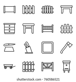 Thin line icon set : fence, table, chest of drawers, stool, crib, cutting board, stands for knives, axe, trailer, farm, hive