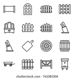 Thin line icon set : fence, arch window, pallet, dresser, stands for knives, knife holder, cutting board, wheel, barrel, trailer, farm, hive