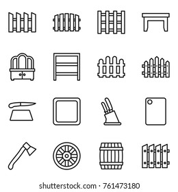 Thin line icon set : fence, pallet, table, dresser, rack, cutting board, knife holder, axe, wheel, barrel