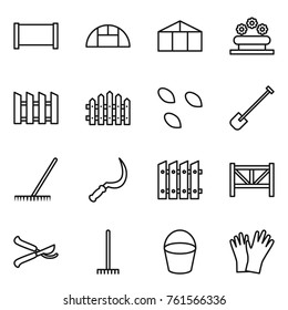 Thin line icon set : fence, greenhouse, flower bed, seeds, shovel, rake, sickle, farm, pruner, bucket, gloves