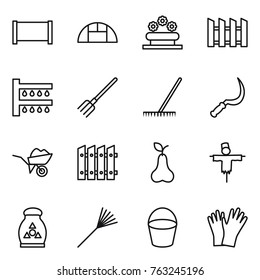 Thin line icon set : fence, greenhouse, flower bed, watering, fork, rake, sickle, wheelbarrow, pear, scarecrow, fertilizer, bucket, gloves