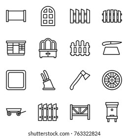 Thin line icon set : fence, arch window, wardrobe, dresser, cutting board, knife holder, axe, wheel, trailer, farm, hive