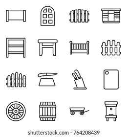 Thin line icon set : fence, arch window, wardrobe, rack, stool, crib, cutting board, stands for knives, wheel, barrel, trailer, hive