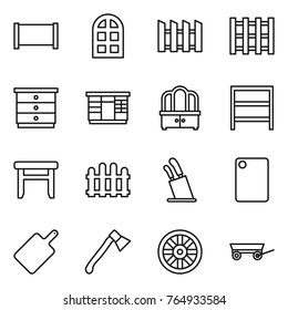 Thin line icon set : fence, arch window, pallet, chest of drawers, wardrobe, dresser, rack, stool, stands for knives, cutting board, axe, wheel, trailer