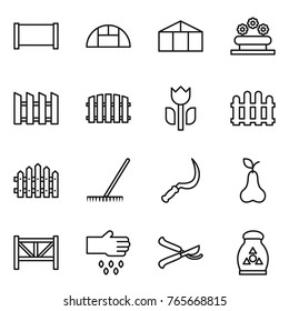 Thin line icon set : fence, greenhouse, flower bed, perishable, rake, sickle, pear, farm, sow, pruner, fertilizer