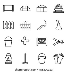 Thin line icon set : fence, greenhouse, flower bed, sickle, pear, bucket, scarecrow, farm, pruner, fertilizer, rake, gloves