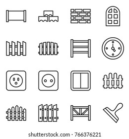 Thin line icon set : fence, block wall, brick, arch window, rack, watch, power socket, switch, farm, scraper