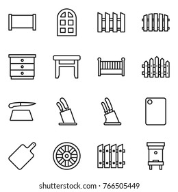 Thin line icon set : fence, arch window, chest of drawers, stool, crib, cutting board, stands for knives, knife holder, wheel, hive