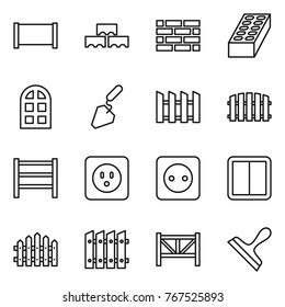 Thin line icon set : fence, block wall, brick, arch window, construction, rack, power socket, switch, farm, scraper