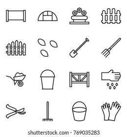 Thin line icon set : fence, greenhouse, flower bed, seeds, shovel, fork, wheelbarrow, bucket, farm, sow, pruner, rake, gloves