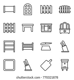 Thin line icon set : fence, arch window, pallet, table, wardrobe, dresser, rack, crib, cutting board, stands for knives, knife holder, hive