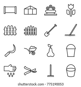 Thin line icon set : fence, greenhouse, flower bed, perishable, shovel, rake, sickle, wheelbarrow, pear, bucket, sow, pruner
