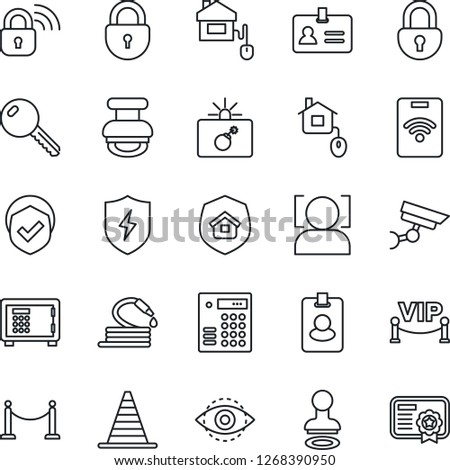 Thin Line Icon Set - fence vector, bomb in case, identity, stamp, border cone, safe, lock, hose, shield, protect, face id, eye, key, estate insurance, vip zone, home control, wireless, combination