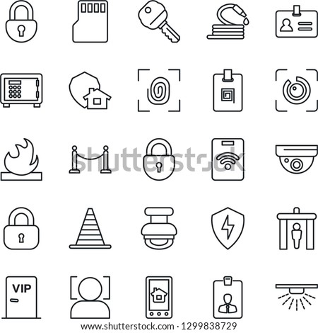 Thin Line Icon Set - fence vector, security gate, identity, border cone, safe, lock, card, hose, flammable, protect, sd, face id, eye, stamp, key, vip zone, fingerprint, home control app, pass