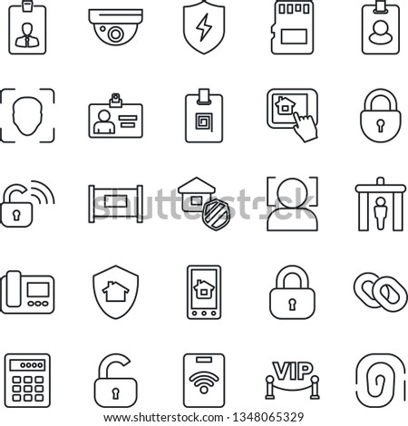 Thin Line Icon Set - fence vector, security gate, lock, identity card, chain, protect, sd, face id, estate insurance, vip zone, wireless, intercome, home control app, combination, pass, surveillance