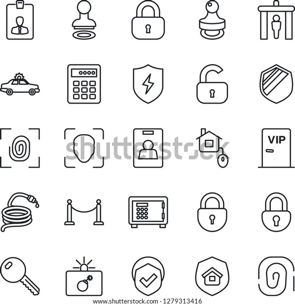 Thin\
Line Icon Set - fence vector, security gate, alarm car, bomb in\
case, stamp, safe, lock, identity card, hose, shield, protect, face\
id, key, estate insurance, vip zone, home\
control