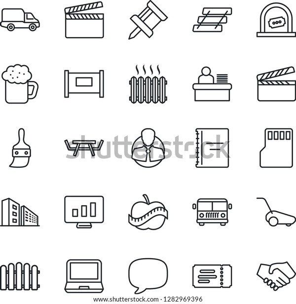 Thin Line Icon Set - fence vector, airport bus,\
ticket, office, statistic monitor, lawn mower, picnic table, diet,\
client, car delivery, clapboard, laptop pc, message, themes, sd,\
copybook, building