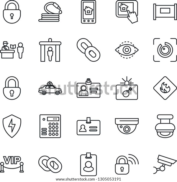 Thin Line Icon Set - fence vector, passport control,\
security gate, alarm car, bomb in case, identity, lock, card, hose,\
flammable, chain, protect, eye id, stamp, vip zone, wireless, home\
app, pass