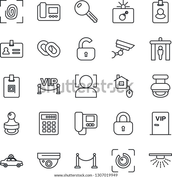 Thin Line Icon Set - fence vector, security gate,\
alarm car, bomb in case, identity, chain, face id, eye, card,\
stamp, key, lock, vip zone, home control, fingerprint, intercome,\
combination, pass