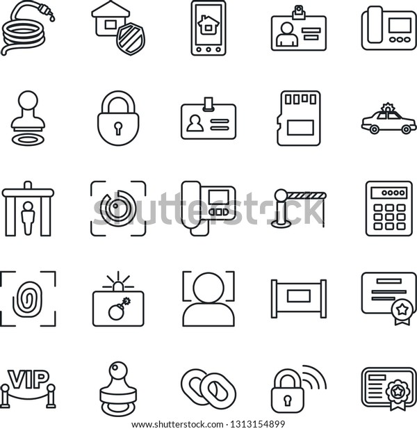 Thin Line Icon Set - fence vector, barrier,\
security gate, alarm car, bomb in case, identity, stamp, lock,\
card, hose, chain, sd, face id, eye, estate insurance, vip zone,\
fingerprint, wireless