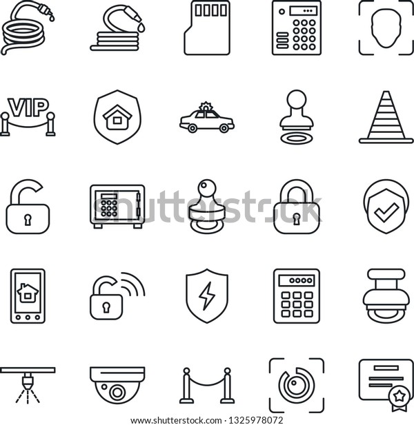 Thin Line Icon Set - fence vector, alarm car,\
stamp, border cone, safe, hose, shield, protect, sd, face id, eye,\
lock, estate insurance, vip zone, wireless, home control app,\
combination, sprinkler