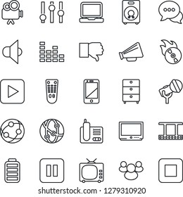 Thin Line Icon Set - film frame vector, archive chest, flame disk, microphone, speaker, loudspeaker, tv, settings, equalizer, video camera, remote control, network, cell phone, dialog, laptop pc