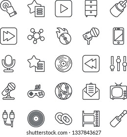 Thin Line Icon Set - film frame vector, vinyl, archive chest, flame disk, microphone, tv, gamepad, settings, network, cell phone, touch screen, share, chain, favorites list, mail, play button, rca