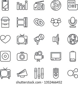 Thin Line Icon Set - film frame vector, vinyl, camera, microphone, radio, speaker, loudspeaker, tv, settings, equalizer, video, network, cell phone, chain, group, heart, low battery, rec button