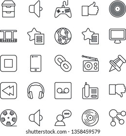 Thin Line Icon Set - film frame vector, reel, vinyl, radio, speaker, gamepad, network, cell phone, headphones, monitor, chain, finger up, down, favorites list, paper pin, stop button, rewind, record
