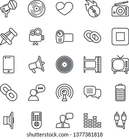 Thin Line Icon Set - film frame vector, vinyl, flame disk, microphone, radio, antenna, speaker, loudspeaker, tv, equalizer, video camera, remote control, cell phone, dialog, chain, heart, paper pin