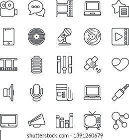 Thin Line Icon Set - film frame vector, vinyl, microphone, satellite, news, speaker, loudspeaker, tv, settings, equalizer, cell phone, dialog, laptop pc, favorites list, heart, battery, video