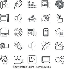 Thin Line Icon Set - film frame vector, vinyl, flame disk, camera, radio, news, speaker, gamepad, equalizer, tv, video, touch screen, favorites list, battery, fast forward, hdmi, sound, social media