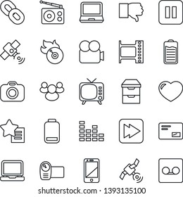 Thin Line Icon Set - film frame vector, flame disk, camera, radio, satellite, tv, equalizer, video, cell phone, laptop pc, chain, group, finger down, favorites list, heart, battery, low, mail