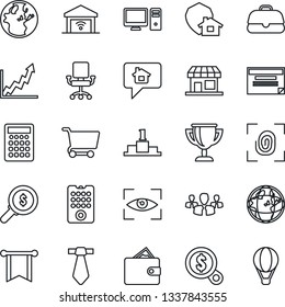 Thin Line Icon Set - fingerprint vector, remote control, pc, garage gate, eye scan, home protect, message, group, wallet, pennon, earth, growth graph, office chair, money search, cart, case, tie