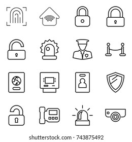 thin line icon set : fingerprint, wireless home, lock, unlock, alarm, security man, vip fence, passport, atm, identity card, shield, unlocked, intercome, surveillance camera