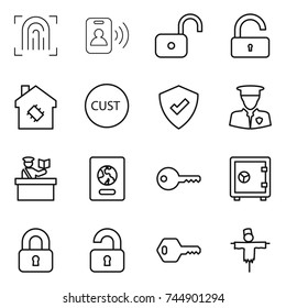 thin line icon set : fingerprint, pass card, unlock, smart house, customs, protected, security man, inspector, passport, key, safe, locked, unlocked, scarecrow