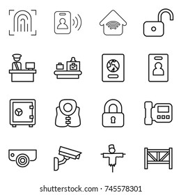 thin line icon set : fingerprint, pass card, wireless home, unlock, customs control, baggage checking, passport, identity, safe, life vest, locked, intercome, surveillance camera, scarecrow