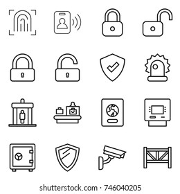 thin line icon set : fingerprint, pass card, lock, unlock, protected, alarm, detector, baggage checking, passport, atm, safe, shield, surveillance camera, farm fence
