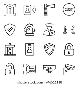 thin line icon set : fingerprint, pass card, lighthouse, customs, protected, alarm, security man, vip fence, detector, identity, shield, locked, unlocked, intercome, surveillance camera