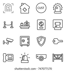 thin line icon set : fingerprint, smart house, customs, alarm, vip fence, baggage checking, passport, atm, surveillance, safe, shield, key, intercome, camera, farm