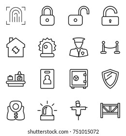 thin line icon set : fingerprint, lock, unlock, smart house, alarm, security man, vip fence, baggage checking, identity card, safe, shield, life vest, scarecrow, farm