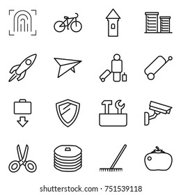 thin line icon set : fingerprint, bike, tower, district, rocket, deltaplane, passenger, suitcase, baggage get, shield, repair tools, surveillance camera, scissors, pancakes, rake, tomato