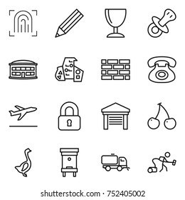 thin line icon set : fingerprint, pencil, wineglass, nipple, airport building, modern architecture, brick wall, phone, departure, locked, garage, cherry, goose, hive, sweeper, vacuum cleaner