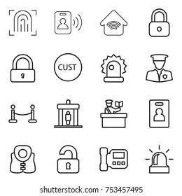 thin line icon set : fingerprint, pass card, wireless home, lock, customs, alarm, security man, vip fence, detector, inspector, identity, life vest, unlocked, intercome