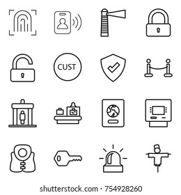 thin line icon set : fingerprint, pass card, lighthouse, lock, unlock, customs, protected, vip fence, detector, baggage checking, passport, atm, life vest, key, alarm, scarecrow