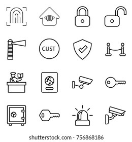 Thin line icon set : fingerprint, wireless home, lock, unlock, lighthouse, customs, protected, vip fence, inspector, passport, surveillance, key, safe, alarm, camera
