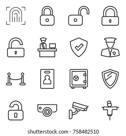 Thin line icon set : fingerprint, lock, unlock, customs control, protected, security man, vip fence, identity card, safe, shield, unlocked, surveillance camera, scarecrow