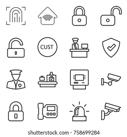 Thin line icon set : fingerprint, wireless home, lock, unlock, customs, control, protected, security man, baggage checking, atm, surveillance, locked, intercom, alarm, camera